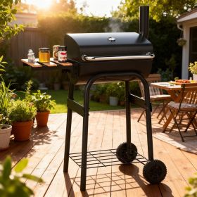 Barrel Charcoal Grill with Foldable Side Table and Thermostat