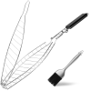 Heavy Duty Stainless Steel Fish Grilling Basket with Removable Wooden Handle & Bonus Basting Brush