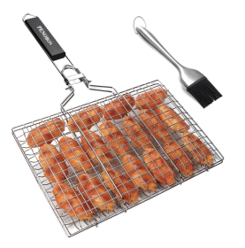 Fish Grilling Basket, Folding Portable Stainless Steel BBQ Grill Basket for Fish Vegetables Shrimp with Removable Handle