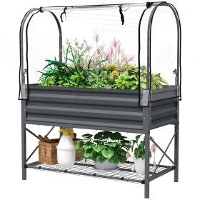 Dark Gray Raised Garden Bed with Legs and Cover, Metal Elevated Planter Box with Bottom Shelf and Liner for Vegetables,