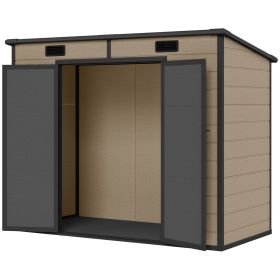 Light Brown 8' x 4' Plastic Outdoor Storage Shed with Floor, Window, Lockable Doors and Vents for Backyard Patio Lawn, Long Term Outdoor