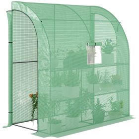 Green 7' x 3' x 7' Lean to, Walk-In Greenhouse, Plant Nursery with 2 Roll-up Doors and Windows, PE Cover and 3 Wire Shelves,