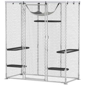 Galvanized Steel Outdoor Catio Cat Enclosure, Walk-in Cage with Waterproof Cover, 5 Adjustable Platforms, Hammock