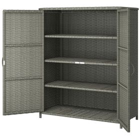 Dark Gray Rattan Wicker Outdoor Cabinet with 4 Shelves and 2 Doors for Garden Pool Towel Storage,