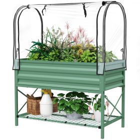 Green Raised Garden Bed with Legs and Cover, Metal Elevated Planter Box with Bottom Shelf and Liner for Vegetables,