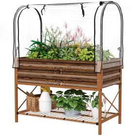 Brown Raised Garden Bed with Legs and Cover, Metal Elevated Planter Box with Bottom Shelf and Liner for Vegetables,