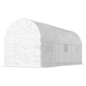 White Hoop House Greenhouse, Walk-in Tunnel Greenhouse with 2 Support Rods, Zippered Roll-up Mesh Door, 14.6'x6.5'x6.6',