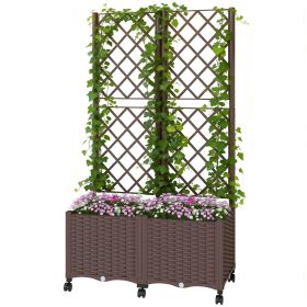 Brown, Planter Box with Trellis, Self Watering Raised Garden Bed with Lockable Wheels and Drainage Holes,