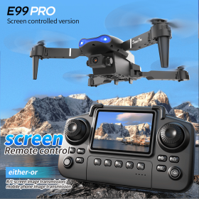 The E99 PRO drone is equipped with a 4.91-inch screen controller, an SD card, 2 batteries, a brushless motor, optical flow positioning