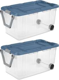 Clear/ Blue 160 Quart Durable Storage Container with Latching Lid and Pull Handle, 2 Pack (Shipment from Walmart)