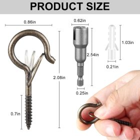 50 Pack Screw-in Hooks for Outdoor String Lights, Q Hanger Hooks for Outside, Swivel Hanging Basket Patio Hook with Safe Buckle