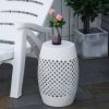 White 12" Steel Outdoor Side Table, Round Hollow Drum Patio End Table, Accent Table for Indoor and Outdoor,