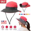 Women Summer Sun Bucket Hats Foldable UV Protection Cotton Wide Brim Floppy Cap Packable Ponytail Mesh Travel Hat For Beach Fishing Camping Travel