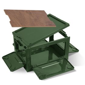 Folding Storage Bin Camping Collapsible Organizer Box Stackable Grocery Container Shelf Baskets with Cutting Board Top Lid 4 Side Lockable Doors Wheel (Option: StorageBinArmyGreen)