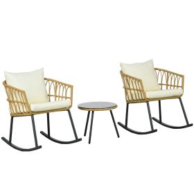Wicker Outdoor 3 Piece Patio Bistro Set with 2 Porch Rocker Chairs, Glass Top Coffee Table and Cushions, Patio Conversation Set (Option: Cream White-800x730x450 mm)