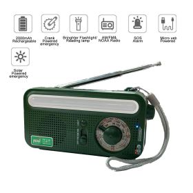 Emergency, Hand Crank Solar; Portable Weather Radio With AM/FM/WB/NOAA; Bright Flashlight; SOS Alarm; Reading Lamp; 2000mAh, Charger, Camping/Outdoor (Color: Green)