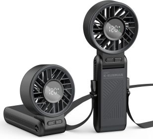 Handheld Portable 4000mAh Rechargeable, 6 Speed Settings, LCD Display, 3-in-1 Foldable Mini Desk Fan with Lanyard (Color: Black)