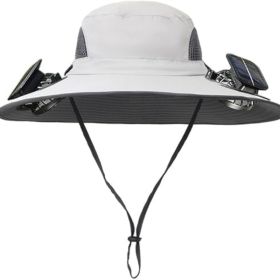 Rechargeable 2Detachable Solar Fans, Water-Repellent Wide Brim Bucket, Outdoor Camping Hiking Golf Sun Hat (Color: Lightgray)