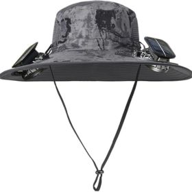 Rechargeable 2Detachable Solar Fans, Water-Repellent Wide Brim Bucket, Outdoor Camping Hiking Golf Sun Hat (Color: Grayscaleprinting)