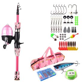 Kids Fishing Pole Set Fishing Starter Kit Telescopic Fishing Rod and Reel Combo Kit with Tackle Box 56Pcs Fishing Lures for Boys & Girls (Color: Pink, size: 1.5M)